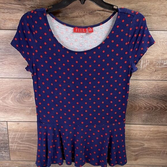 ELLE Ladies Polka Dot Blouse Top, Size Extra Small XS , Navy Blue with Red Dots - Picture 1 of 5